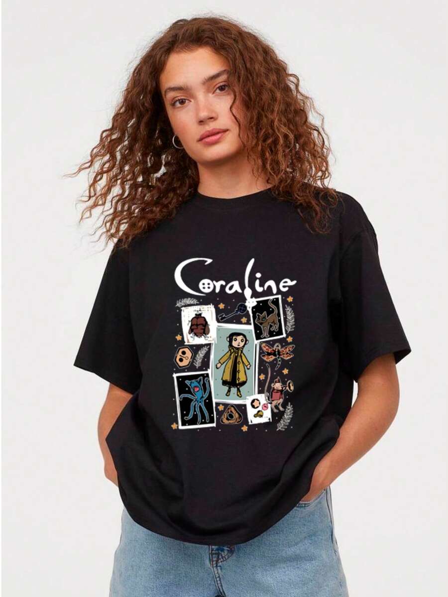 Women's Casual Cartoon Print T-Shirt 100% Cotton - màu đen - Xem 1