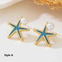 1 par de pendientes decorados con perla, pendientes para fiesta de playa con concha y elementos, pendientes multicomponentes con perla y rhinestone, pendientes con tema de playa, pendientes dulces y elegantes decorados con perla y rhinestone, regalo de joyería de alta gama para damas en citas de playa, verano