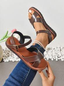 Dép đế bằng thời trang cỡ lớn mới mùa hè 2024 cho nữ, Dép đế bằng kiểu La Mã Hàn Quốc, Giày đi biển, Dép đế bằng hở mũi buộc dây kiểu cổ điển thoải mái - Cà phê nâu - Xem 5