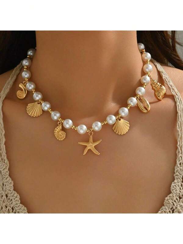 1 Piece Ocean Style Pendant Necklace, Fashion Faux Pearl And CCB Beaded Necklace, Suitable For Daily Wear, Beach Vacation, Photography And Travel