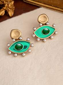 一对复古珍珠和珐琅吊坠耳环，复古独特小耳环 - 綠寶石 - 查看 17