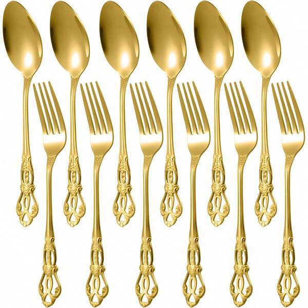 Juego creativo de 12 piezas de tenedores de ensalada y cucharas de té de acero inoxidable de 6.7 pulgadas para bar, postre, juego de cucharas y tenedores para el hogar, la cocina y bodas