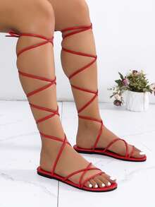 女士交叉系带波西米亚性感时尚系带平底凉鞋 - 紅色 - 查看 2