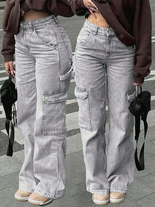 Jeans rectos con bolsillos delanteros para mujer, de unicolor y estilo minimalista relajado para uso diario