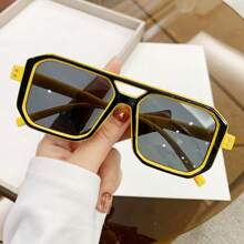 One Pair Of Neutral Square Retro Double Bridge Color-Block Glasses - Green Lenses, Lightweight Plastic Frame, Elegant And Simple Accessory For Both Women And Men, Casual Glasses, Modern Aesthetics, Durable Glasses