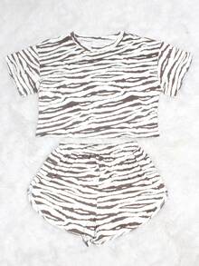 2pcs Set: Simple Contrast Stripe Casual Loose Knit Long Sleeve Top With Side Split And Shorts, Homewear Set,Two Pieces Set Outfit - Mocha Brown - View 4