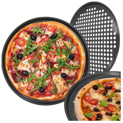 Assadeira antiaderente para pizza de 32 cm – Forma perfurada para tortas, crocante de aço carbono para cozimento uniforme – Assadeira para massa de pizza para forno, quiche, torta, pão sírio