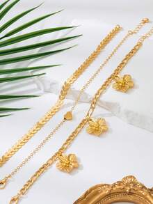 3pcs/Set Summer Beach Gold Wheat Chain Flower Heart Pendant Anklet, Elegant Jewelry Suitable For Vacation Travel - Yellow Gold - View 4