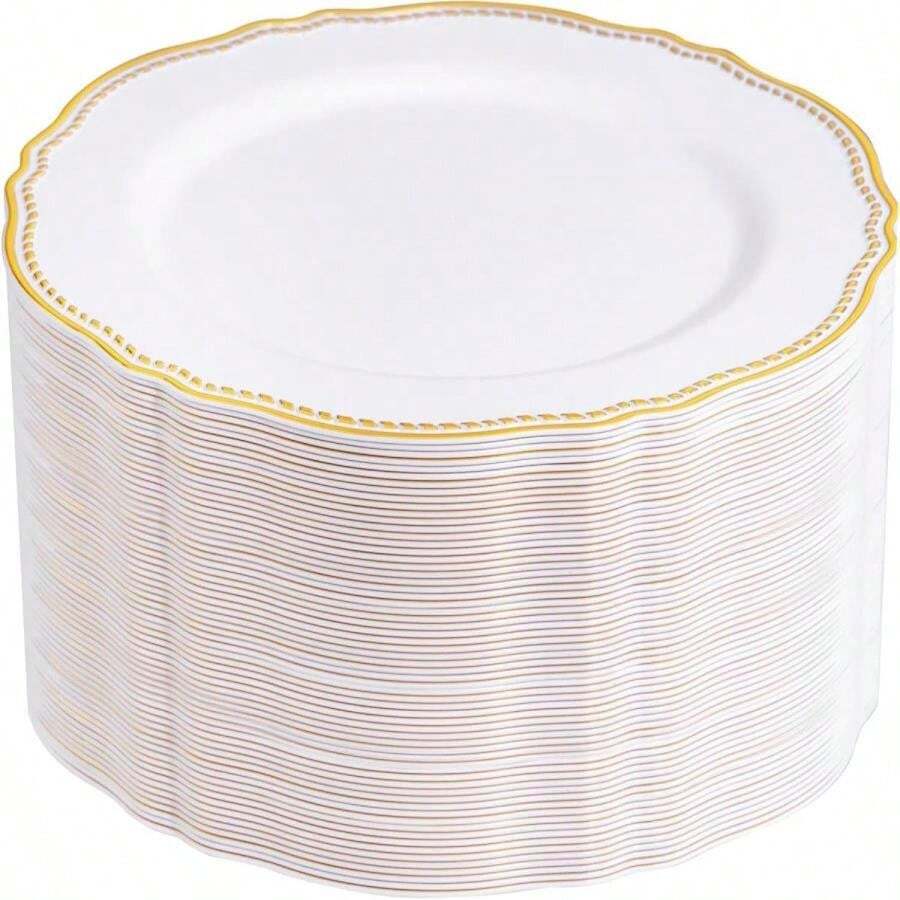 Hioasis 60pcs Gold Plastic Plates - White And Gold Trim Disposable Plates - 10.25 Inch Disposable Dinner Plates Perfect For Wedding &Amp; Party - Trắng và Vàng - Xem 1