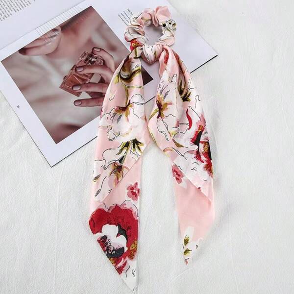 1pc Chiffon Bow Hair Scrunchie With Floral Print Streaming Ribbon