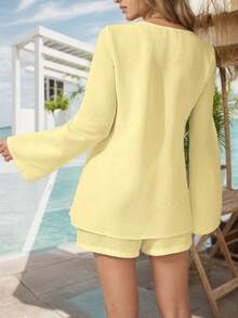 Women's Solid Color Minimalist Casual Vacation 2 Pieces Set, Elegant Knotted Design Suitable For Beach, Evening Date, Office, Home, Garden, Street, Spring/Summer, Valentine's Day - Yellow - View 4