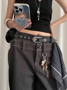 1pc Women's Black PU Leather Minimalist Engraved Metal Buckle Star Cutout Decor Casual Office Belt