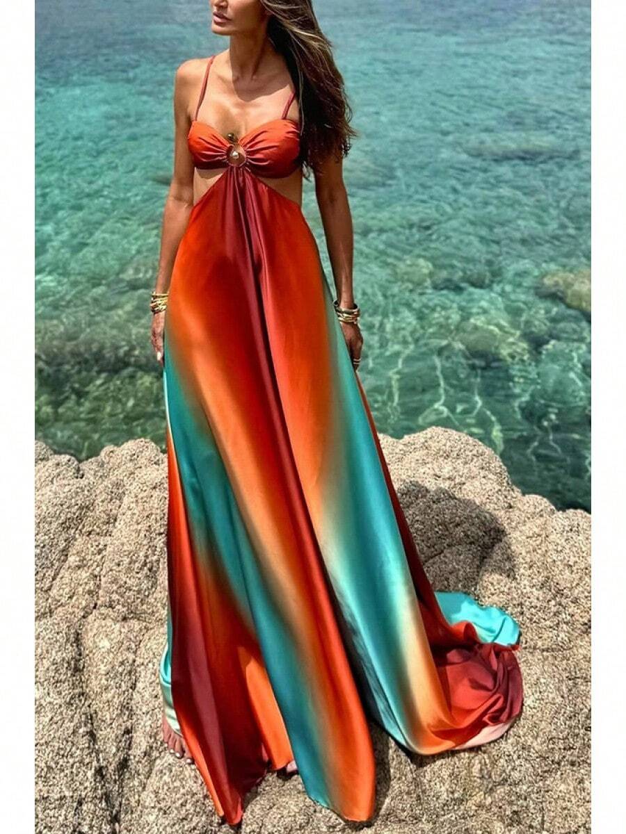 Sexy 2025 New Sexy Strap Gradient Color Island Style Dress Beach Long Dress - Picture Color - View 1