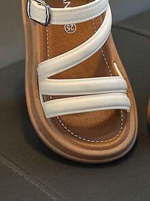 1 Par de Sandalias  para Niñas,Estilo Princessa, Minimalista y Lindo, con Suelas Suaves Antideslizantes, Moda para Playa , Diseño Puff Moderno, Cómodas y Elegantes con Cierre - Blanco - Ver 7