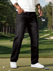 1pc Men's Regular Fit Casual Black Straight Leg Jeans, Comfortable Street Style Suitable For Urban Walking And Outdoor Activities - 黑色 - 查看 1