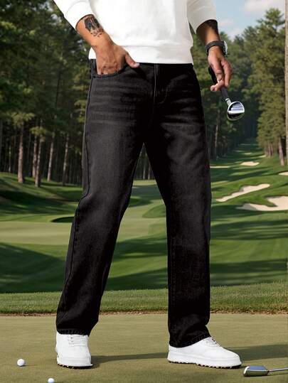 1件男士宽松休闲直筒黑色牛仔裤，舒适街头风，适合城市漫步和户外活动