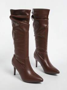 黑色修身皱褶高筒靴，2025秋冬新款尖头修身高跟过膝靴女款，棕色靴子 - 棕色 - 查看 7