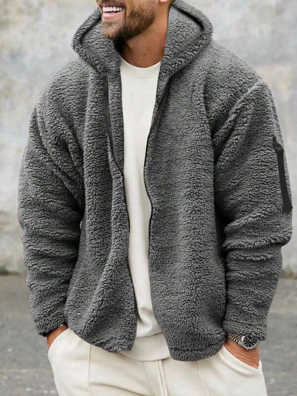 Herren einfarbige, doppelseitige Fleece-Kapuzenjacke mit Reißverschluss, Herren Herbst-Winter umkehrbarer Sherpa-Fleece-Jacke, leichte, warme Reißverschluss-Kapuzenjacke für Outdoor-Sport, Alltag, Reisen und Kälte-Schutz