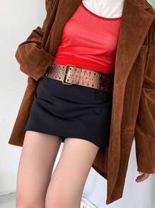 1pc Vintage American Western Style Coffee Brown PU Leather Material Casual Belt With Hollow Eyelets, Versatile