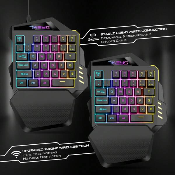 7KEYS Clavier de jeu sans fil 2,4 G à chargement sans fil RVB, clavier mini d'esport pour main gauche