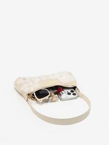 1 件女士复古度假草编贝壳珍珠樱花串珠吊坠斜挎包，适合约会、郊游、度假 - 米色 - 查看 5