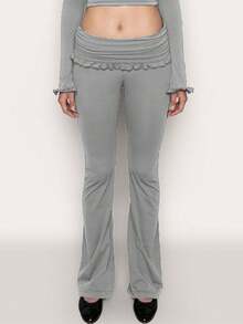 Women's Yoga Flare Pants, Solid Color Ruffled Low Waist Fitness Bootcut Leggings Workout Skinny Trousers - Xám - Xem 1