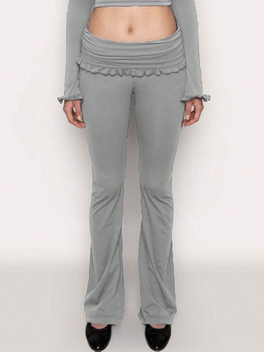 Women's Yoga Flare Pants, Solid Color Ruffled Low Waist Fitness Bootcut Leggings Workout Skinny Trousers - Xám - Xem 1
