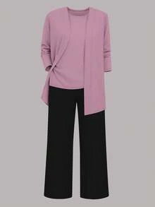 三件套加大码女式休闲纯色套装：外套/开衫 + 圆领无袖上衣 + 松紧腰直筒裤，柔软弹力面料，宽松版型，舒适通勤，适合春/秋/冬，优雅夏季穿着 - 淺粉紅色+黑色 - 查看 4