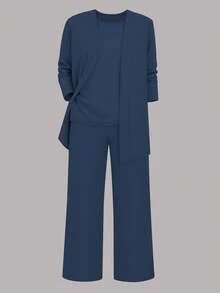 3 Peças Conjunto de Roupa Casual Feminina de Cor Sólida: Jaqueta/Cardigã + Top Regata de Gola Redonda + Calça Reta de Cintura Elástica, Tecido Macio e Elástico, Caimento Solto e Confortável, Elegante para Primavera/Outono/Inverno - Azul claro - Visão 5