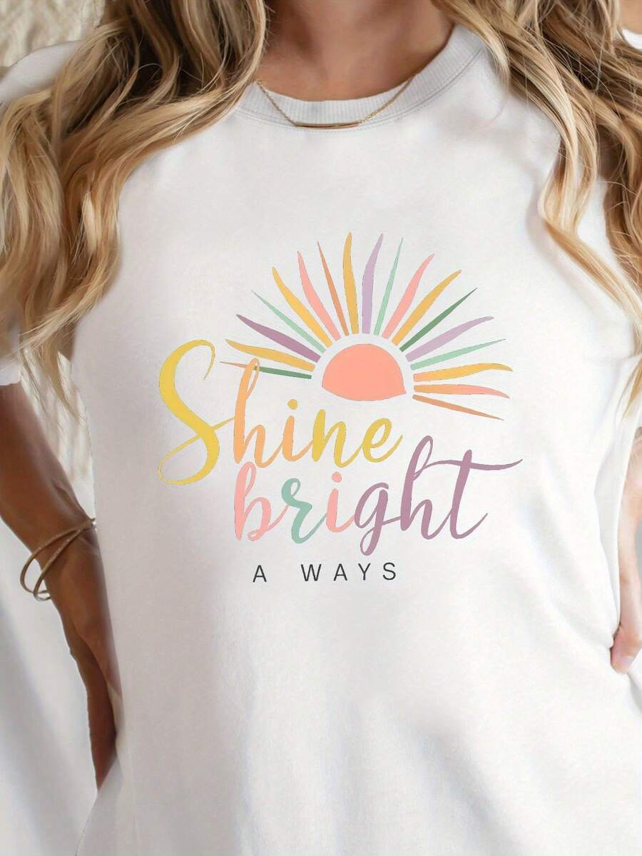 Shine Bright Always Sunburst Print T-Shirt, Casual Short Sleeve Crew Neck T-Shirt For Spring & Summer, Women's Clothing - 白色 - 查看 1
