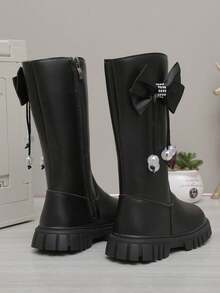 1 Paar Mädchen Schwarze Hohe Prinzessin Stiefel, einfarbiges weiches PU-Material, Seitlicher Quasten-Schleifen-Entwurf, Runde Zehenkappe Dicke Sohle, Thermofutter, Warm & Modisch Hohe Stiefel, Geeignet für Lässig, Feiertage, Party, Herbst/Winter