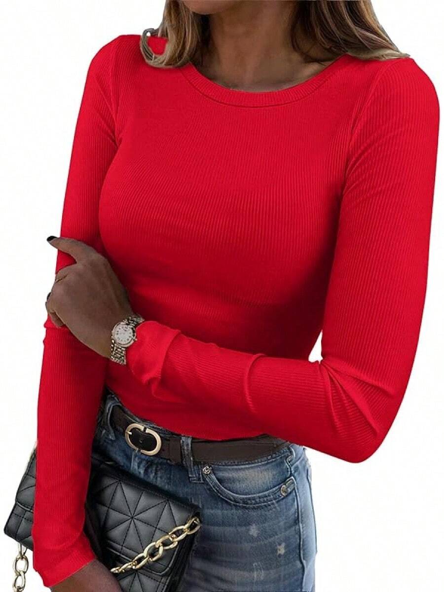 Women Long Sleeve Stretch Crewneck Rib T-Shirt Slim Fit Casual Basic Tops S-XXL - 紅色 - 查看 1