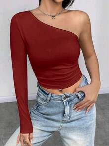 Women's Cropped Top T-Shirt Blouse With One-Shoulder Neckline Suplex Fabric Ideal For Going Out On Casual Romantic Elegant And Sophisticated Dates - 酒紅色 - 查看 4