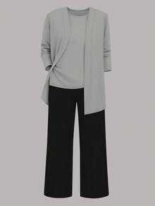 三件套加大码女式休闲纯色套装：外套/开衫 + 圆领无袖上衣 + 松紧腰直筒裤，柔软弹力面料，宽松版型，舒适通勤，适合春/秋/冬季穿着。 - 灰色+黑色 - 查看 5