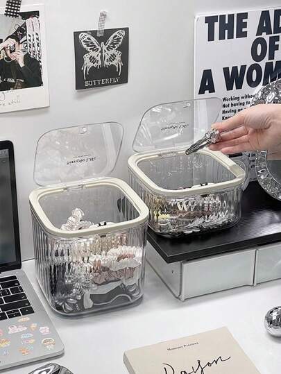 1pc Elegant Hair Accessory Canister, Creative Snap Cover Storage Box, Hair Clips, Hair Ties, Hair Bands, Multi-Functional Makeup Powder, Makeup Blender, Brush Organizer, Vanity & Bathroom Waterproof Dustproof Storage Box, High Transparency PET Material, Suitable For Dorm, Hotel, Bedroom