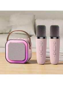 3-In-1 Portable Mini Speaker Set With 2 Wireless Microphones - USB Rechargeable, Wireless Speaker For Birthday Parties And Family Entertainment, Colorful LED Light, Suitable For Birthday Parties, Family Gatherings, Christmas Gifts, New Year'S Gifts - Pink - View 3