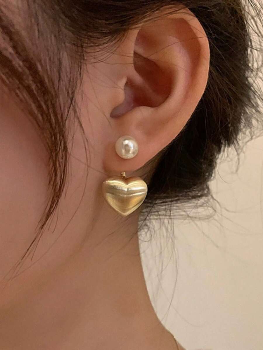 1 par de pendientes de perla y corazón de color champán para mujeres, diseño elegante y versátil - Champán - Ver 1