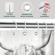 1pc Interesting Highland Cow Shower Curtain, Vintage Farmhouse Western Longhorn Cattle Country Gray Wooden Daisy Bathroom Home Decor Set With 12 Plastic Hooks, 70.8Inch * 70.8Inch Bathroom Decor - Grey - View 4