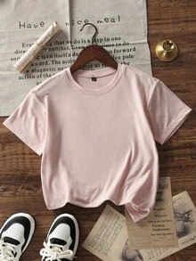 1 件 Tween Girl 休闲印花圆领短袖 T 恤，夏季青少年服装 - 粉色 - 查看 2