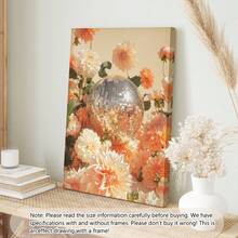 1 件无框桃色大丽花迪斯科球帆布墙饰，花卉多巴胺帆布装饰可打印，复古华丽植物印花，花卉家居礼品海报，海报，墙壁艺术，房间装饰用品，秋季，现代（可选框架）