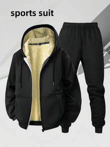 男士户外连帽运动套装（两件套），加厚抓绒卫衣+弹力腰运动裤，休闲百搭男士套装，冬季 - 彩色 - 查看 2