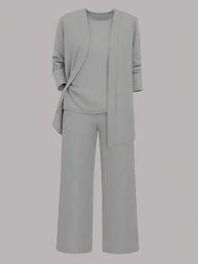 女士休闲纯色三件套：外套/开衫 + 圆领无袖上衣 + 松紧腰直筒裤，柔软弹力面料，宽松舒适，适合春/秋/冬穿着。 - 灰色 - 查看 5