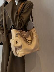 Bolso tipo tote de gran capacidad unisex con monedero 1 pieza, nuevo estilo coreano para estudiantes universitarios y de escuela secundaria, bolso casual, bolso cruzado de hombro, bolso de lona, bolso inclinado, bolso para mujer con monedero, bolso escolar para compras, vacaciones, bolso de tote con cremallera de moda, bolso tote escolar grande, múltiples compartimentos, perfecto para la playa, escuela, trabajo y uso diario