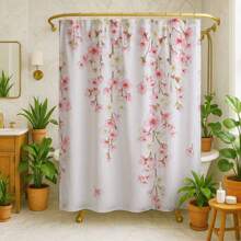 1/4 Piezas Juego de baño con Estampado de Flores de Cerezo que incluye Cortina de Baño, Alfombra de Baño, Alfombra en Forma de U para Inodoro, Cubierta para Tapa de Inodoro, Cortina de Ducha Impermeable, Cortina de Moda, Cortina Divisoria de Baño Moderna, Sin Necesidad de Perforar, Poliéster, Lavable a Máquina