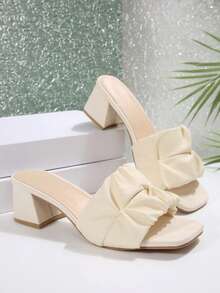 1 双女式高跟凉鞋，欧盟加大码母亲节礼物，时尚舒适 PU 防滑纯色皱纹纹理圆头露趾一脚蹬高跟鞋，5 厘米鞋跟高度，适合室内/室外，可爱奢华时尚日常派对婚礼学校办公室，2025 春夏新款女鞋