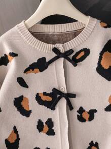 女童欧美豹纹蝴蝶结短款开衫针织衫，适合日常、派对、春秋冬