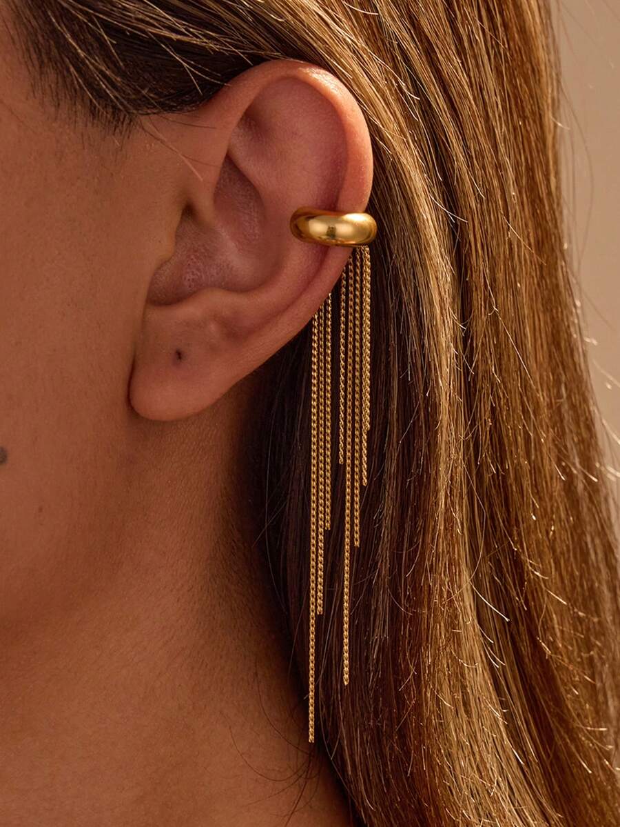 1pc Fashionable High-End Elegant Long Tassel Stainless Steel Earrings, 18K Gold Plated Unique Ear Cuffs, Suitable For All Occasions, Party, Daily Commute, Gift Of Choice - Gold - View 1