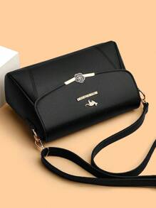 1 pieza Bolso bandolera de mujer de unicolor, con decoración de letras de metal, correa para el hombro desmontable, patrón floral vintage elegante, costuras reforzadas, solapa con cierre magnético, adecuado para compras, monedero, cosméticos, ir al trabajo