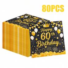 80/40/20 قطعة من منديل الحفلات عيد الميلاد القابل للتخلص من البالوعة مقاس 13 * 13 بوصة، خلفية سوداء، نص عيد ميلاد ال- 60 سعيد بالذهبي، تاج عيد الميلاد و نمط البالونات، تستخدم في حفلات أعياد الميلاد، التجمعات العائلية، فنادق وديكور المطاعم