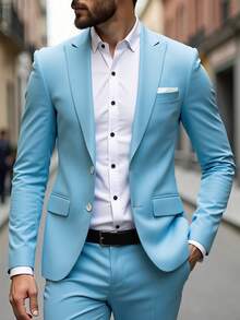 Men's 3 PiecesSuit Set, Including Jacket, Vest, And Pants - Slim Fit, Solid Color, Stretchy Material, Business/Formal Wear - Baby Blue - View 2